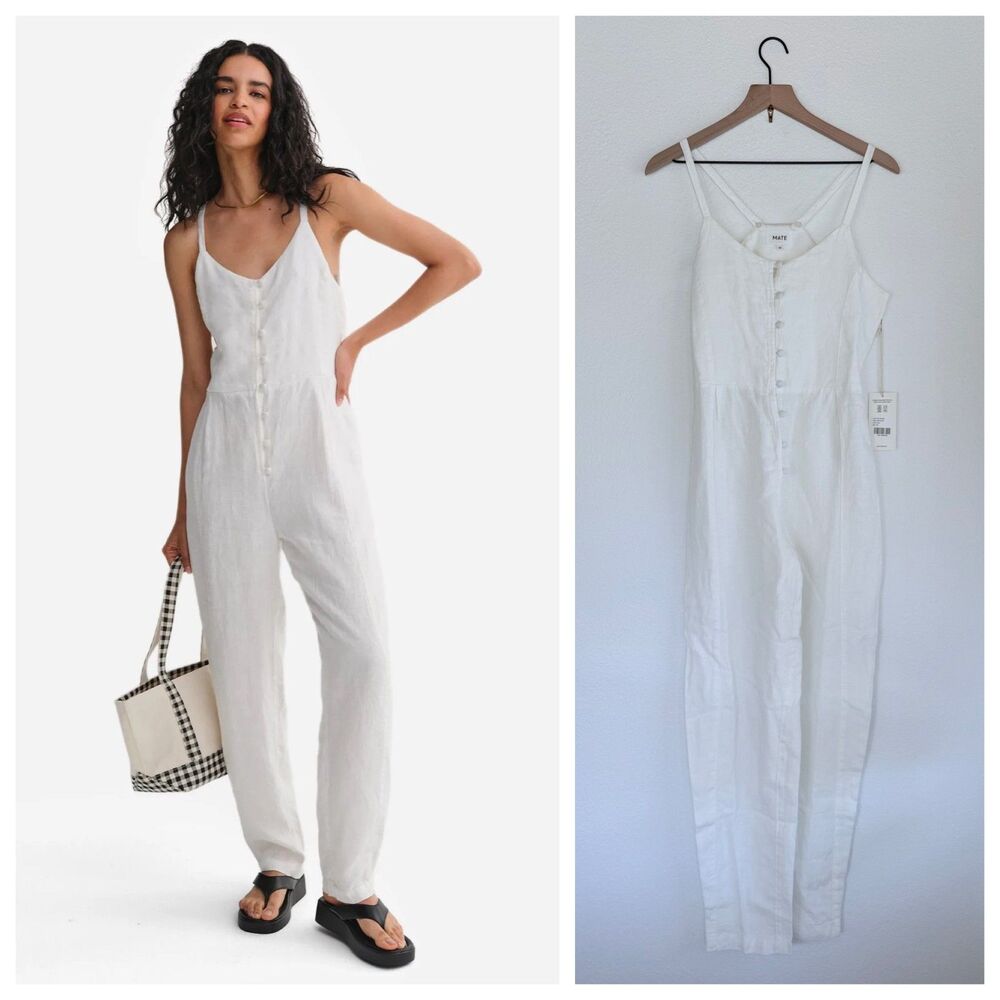 NEW MATE the Label Organic Linen Button Front Tank Jumpsuit in Salt White Sz XS